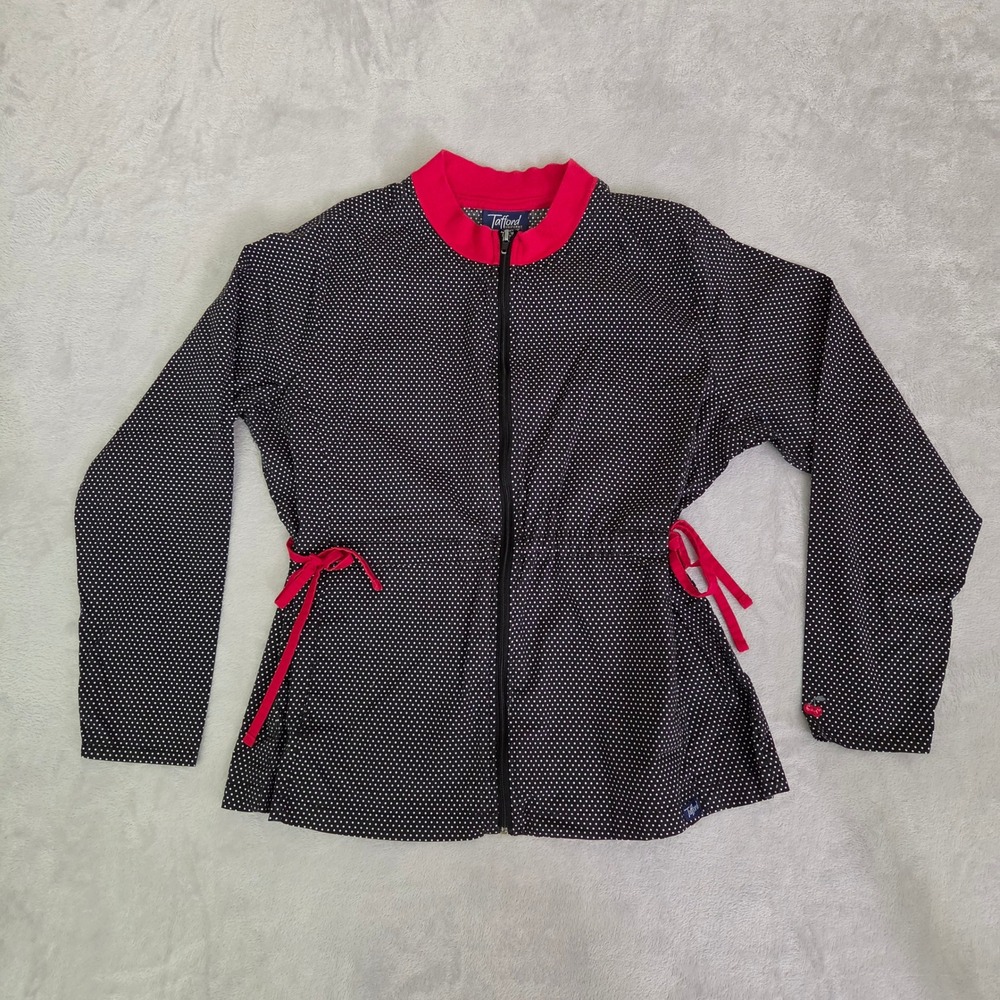 Tafford Polka Dot Scrub Jacket Womens Large Black Red Zip Up Stretch Cotton